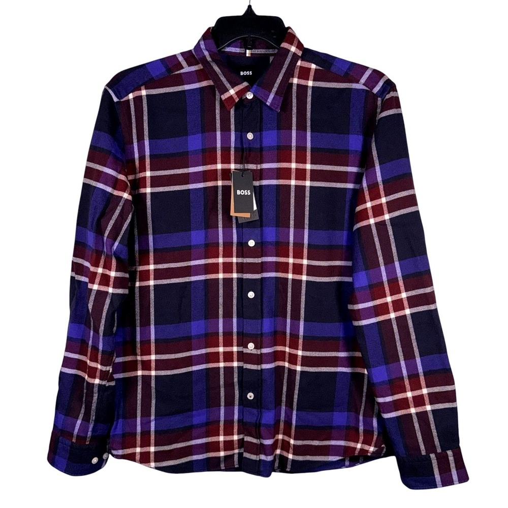 Hugo Boss Mens Size Large Black Purple Plaid Flannel Long Sleeve Button Up Shirt